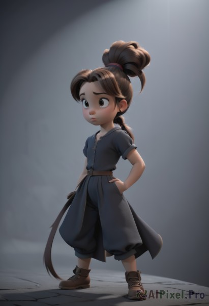 1girl,solo,long hair,brown hair,holding,brown eyes,closed mouth,standing,full body,ponytail,weapon,braid,short sleeves,boots,belt,pants,hand on hip,brown footwear,aged down,child,female child,male child,whip,dress,very long hair,lips,hand in pocket,hair tie,spotlight,puffy pants