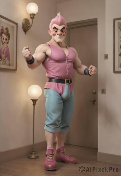 solo,looking at viewer,blush,smile,short hair,brown hair,shirt,1boy,bare shoulders,closed mouth,standing,full body,pink hair,male focus,boots,shoes,sleeveless,belt,pants,indoors,muscular,facial hair,thick eyebrows,pectorals,muscular male,wristband,sneakers,bara,clenched hands,large pectorals,bulge,black belt,belt buckle,mustache,door,lamp,manly,chest hair,biceps,leg hair,arm hair,light bulb,1girl,multicolored hair,artist name,bracelet,two-tone hair,watermark,web address,pink footwear