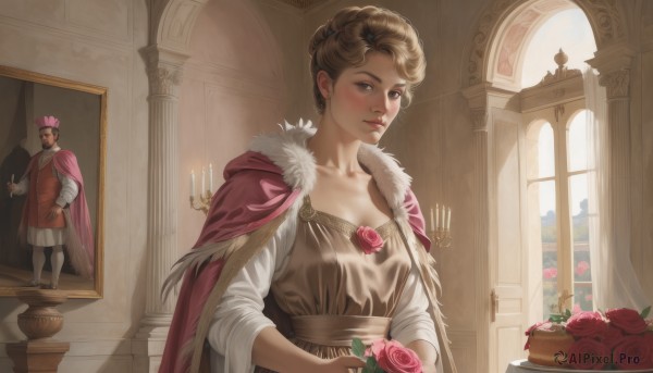 1girl,solo,breasts,looking at viewer,blush,short hair,blonde hair,brown hair,1boy,dress,holding,cleavage,brown eyes,jewelry,medium breasts,standing,collarbone,flower,earrings,food,solo focus,indoors,hair bun,cape,lips,fur trim,window,rose,sunlight,red flower,cloak,cake,curly hair,red rose,realistic,red cape,candle,brown dress,pillar,statue,painting (object),arch,candlestand,portrait (object),hair ornament,long sleeves,closed mouth,upper body,day,facial hair,crown,pink flower,pink rose,fur-trimmed cape,pink cape