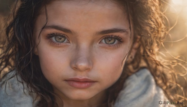 1girl,solo,long hair,looking at viewer,brown hair,brown eyes,closed mouth,braid,blurry,lips,eyelashes,wavy hair,messy hair,portrait,close-up,freckles,curly hair,realistic,nose,depth of field