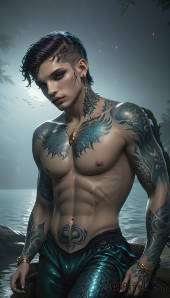 solo,looking at viewer,short hair,black hair,1boy,navel,jewelry,sitting,closed mouth,nipples,closed eyes,male focus,cowboy shot,earrings,outdoors,horns,sky,pants,artist name,dark skin,water,necklace,nail polish,mole,bracelet,lips,mole under eye,tattoo,makeup,muscular,night,bird,ocean,piercing,abs,dark-skinned male,ring,pectorals,muscular male,ear piercing,black nails,night sky,bara,toned,topless male,realistic,nose,arm tattoo,undercut,navel piercing,toned male,chest tattoo,stomach tattoo,neck tattoo,1girl,watermark,very short hair