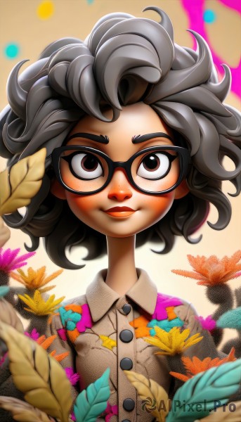 1girl,solo,looking at viewer,smile,short hair,shirt,black hair,brown eyes,closed mouth,upper body,flower,grey hair,glasses,collared shirt,artist name,blurry,lips,buttons,leaf,watermark,messy hair,black-framed eyewear,curly hair,blush,freckles,dirty