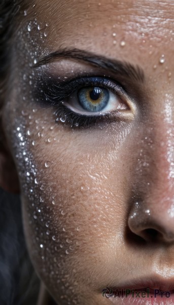 solo,looking at viewer,blue eyes,brown hair,1boy,male focus,water,lips,wet,eyelashes,portrait,close-up,water drop,realistic,nose,wet hair,eye focus,1girl,black hair,freckles