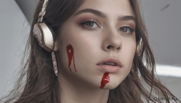 1girl,solo,long hair,looking at viewer,brown hair,brown eyes,parted lips,teeth,artist name,lips,eyelashes,blood,makeup,headphones,portrait,freckles,blood on face,realistic,nose,grey background,close-up,red lips