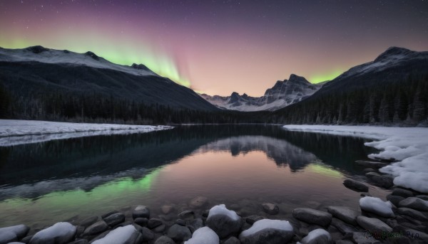 outdoors,sky,water,tree,no humans,night,star (sky),nature,night sky,scenery,snow,forest,starry sky,reflection,rock,mountain,river,landscape,mountainous horizon,lake,aurora,grass,sunset,winter,gradient sky