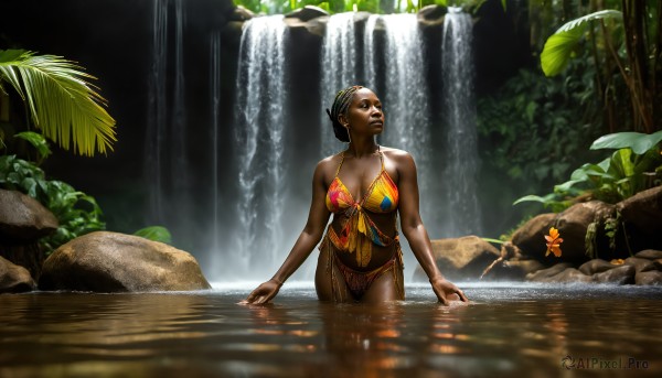 HQ,1girl,solo,breasts,short hair,large breasts,black hair,cleavage,bare shoulders,medium breasts,standing,swimsuit,flower,bikini,outdoors,dark skin,water,dark-skinned female,tree,lips,wet,leaf,looking away,plant,nature,front-tie top,wading,forest,rock,realistic,nose,front-tie bikini top,river,orange bikini,waterfall,very dark skin,dreadlocks,brown hair,hair ornament,navel,jewelry,earrings,necklace,bracelet,makeup,looking up,lipstick