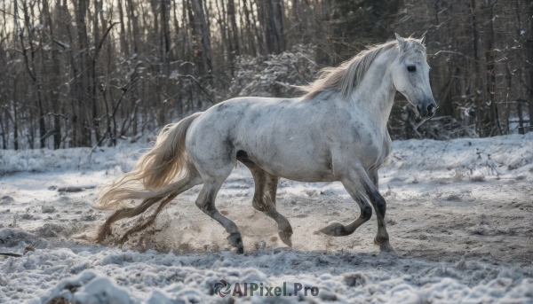 outdoors,tree,no humans,animal,nature,scenery,snow,forest,snowing,realistic,winter,horse,bare tree,blurry