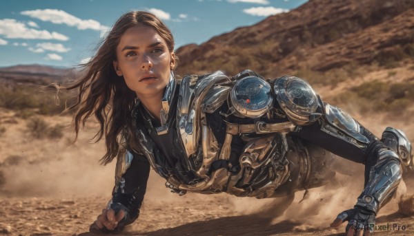 1girl,solo,long hair,looking at viewer,brown hair,black hair,brown eyes,outdoors,parted lips,sky,day,cloud,dark skin,armor,blurry,dark-skinned female,blue sky,lips,blurry background,all fours,science fiction,realistic,nose,sand,dirty,power armor,desert,dust,robot,running,mechanical arms,damaged,dirty face,dust cloud