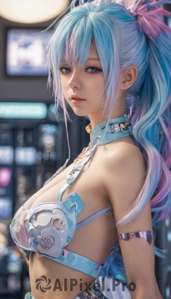 1girl,solo,long hair,breasts,looking at viewer,bangs,blue eyes,hair ornament,cleavage,bare shoulders,twintails,medium breasts,blue hair,swimsuit,upper body,ponytail,pink hair,bikini,multicolored hair,parted lips,blurry,from side,two-tone hair,lips,blurry background,feathers,armlet,realistic,large breasts,closed mouth,heart,sidelocks,artist name,armor,collar,streaked hair,eyelashes,gradient hair,depth of field,nose,arm strap