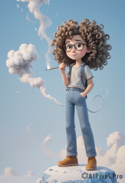 1girl,solo,long hair,smile,simple background,brown hair,shirt,holding,brown eyes,standing,tail,full body,white shirt,short sleeves,shoes,glasses,pants,dark skin,bag,black eyes,lips,blue background,brown footwear,backpack,suspenders,denim,smoke,black-framed eyewear,curly hair,ice,cigarette,hand in pocket,jeans,smoking,blue pants,smoking pipe,holding cigarette,outdoors,sky,cloud,blue sky