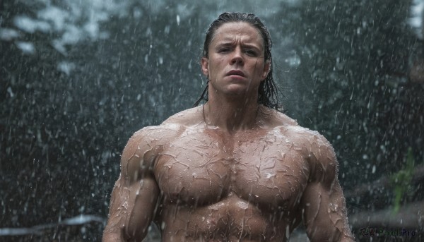 A male portrayed in a vivid rainy outdoors