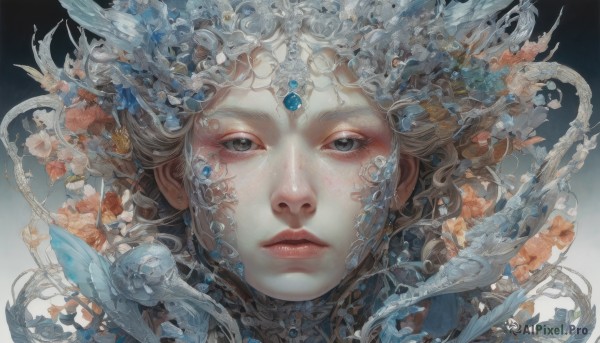 1girl,solo,long hair,looking at viewer,blonde hair,closed mouth,flower,black eyes,lips,gradient,grey eyes,gradient background,eyelashes,feathers,gem,portrait,freckles,realistic,nose,short hair,jewelry,grey hair,parted lips,water,makeup,floating hair,fish,straight-on,jellyfish