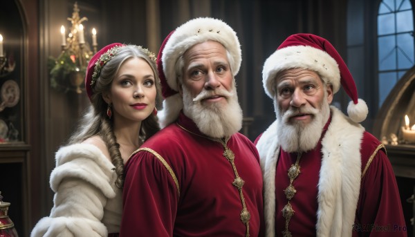 HQ,1girl,long hair,looking at viewer,smile,gloves,hat,dress,brown eyes,jewelry,upper body,white hair,earrings,multiple boys,indoors,white gloves,2boys,fur trim,window,facial hair,christmas,red headwear,beard,santa hat,santa costume,realistic,mustache,red lips,candle,old,christmas tree,old man,candlestand,fireplace,brown hair,grey hair,parted lips,necklace,lips,coat,grey eyes,makeup,lipstick,ornament