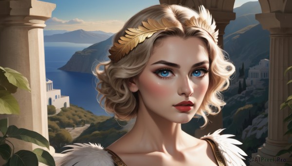 1girl,solo,looking at viewer,short hair,blue eyes,blonde hair,hair ornament,closed mouth,collarbone,outdoors,parted lips,sky,day,cloud,water,lips,eyelashes,makeup,ocean,leaf,wavy hair,plant,lipstick,portrait,curly hair,mountain,nose,red lips,pillar,laurel crown,column,blush,blue sky,scenery,eyeliner,head wreath