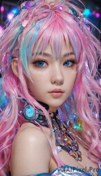 1girl,solo,long hair,breasts,looking at viewer,bangs,blue eyes,hair ornament,cleavage,bare shoulders,jewelry,medium breasts,blue hair,upper body,pink hair,braid,multicolored hair,choker,artist name,necklace,blurry,two-tone hair,lips,streaked hair,eyelashes,makeup,blurry background,gem,portrait,eyeshadow,realistic,nose,earrings,parted lips,collar,close-up