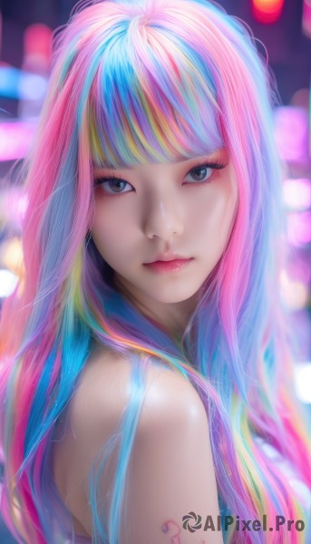 1girl,solo,long hair,looking at viewer,bangs,bare shoulders,closed mouth,blue hair,upper body,pink hair,multicolored hair,sleeveless,artist name,blunt bangs,blurry,black eyes,two-tone hair,lips,grey eyes,eyelashes,tattoo,makeup,depth of field,blurry background,lipstick,eyeshadow,realistic,nose,rainbow hair,from side,streaked hair,watermark,portrait,web address,pink lips,bokeh,mascara