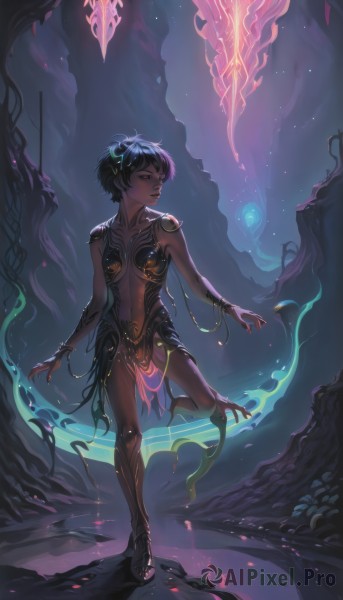 1girl,solo,breasts,short hair,black hair,hair ornament,navel,jewelry,standing,collarbone,full body,closed eyes,small breasts,barefoot,dark skin,nail polish,bracelet,dark-skinned female,tree,lips,fingernails,tattoo,glowing,fire,floating,toenails,fantasy,toenail polish,magic,spirit,parted lips,artist name,armor,high heels,looking to the side,looking away,red nails,very short hair,cave