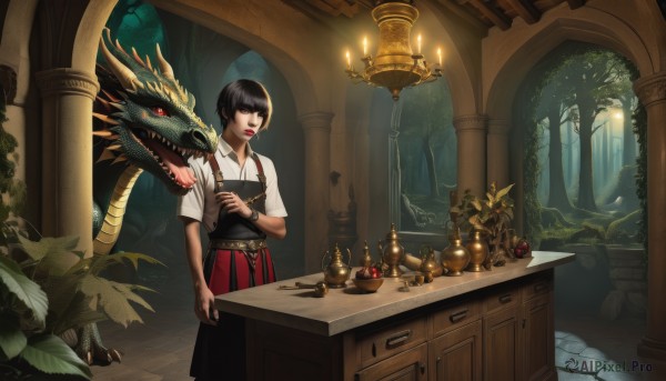 1girl,solo,short hair,bangs,skirt,shirt,black hair,red eyes,holding,standing,white shirt,short sleeves,food,tongue,collared shirt,indoors,armor,black eyes,tree,lips,fruit,red skirt,table,plant,nature,forest,monster,fantasy,dragon,candle,pillar,open mouth,brown eyes,jewelry,teeth,belt,necklace,bracelet,book,makeup,fire,sharp teeth,lipstick,red lips,vase,candlestand