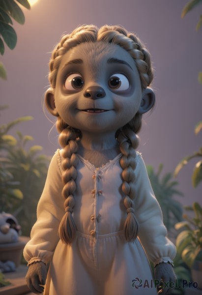 1girl,solo,long hair,looking at viewer,smile,open mouth,brown hair,long sleeves,dress,animal ears,brown eyes,standing,braid,parted lips,indoors,white dress,blurry,twin braids,blurry background,plant,child,claws,furry,backlighting,furry female,arms at sides,female child,potted plant,body fur,furrification,twintails,teeth,artist name,lips,depth of field,thick eyebrows,nose