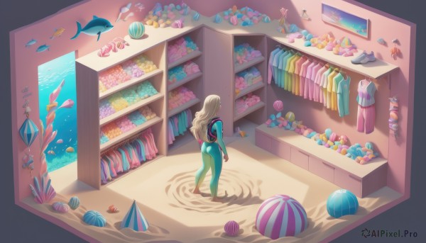 1girl,solo,long hair,blonde hair,standing,swimsuit,ass,bikini,barefoot,indoors,water,from behind,bodysuit,stuffed toy,skin tight,ball,fish,bookshelf,shell,starfish,seashell,zero suit,wetsuit,shadow,wavy hair,box,scenery,sand,facing away,beachball,mermaid,wide shot,shelf,cardboard box,surreal,coral,seaweed