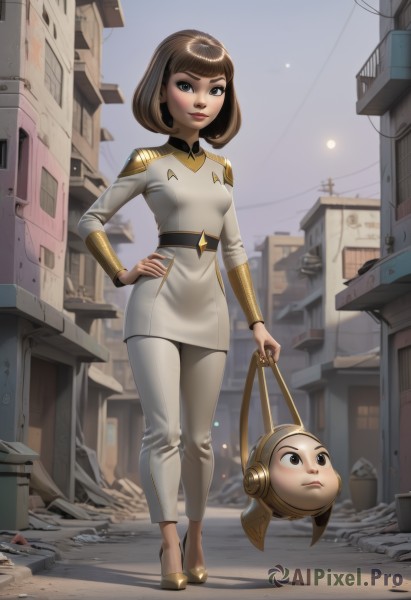 1girl,solo,breasts,looking at viewer,smile,short hair,bangs,brown hair,dress,holding,brown eyes,standing,full body,small breasts,outdoors,sky,shoes,day,belt,pants,uniform,high heels,lips,hand on hip,military,bob cut,building,walking,science fiction,city,realistic,white pants,nose,power lines,alley,tokusatsu,long sleeves,closed mouth,artist name,bag,white dress,makeup,watermark,halo,short dress,web address,gold trim,holding bag,yellow footwear,gold,gold footwear