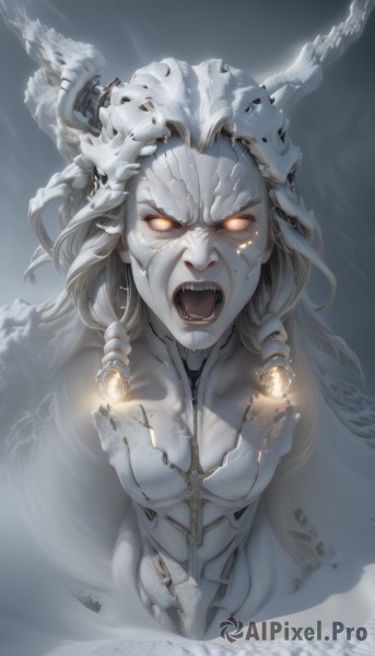 1girl,solo,long hair,breasts,looking at viewer,open mouth,medium breasts,white hair,horns,teeth,orange eyes,glowing,colored skin,fangs,monster girl,glowing eyes,angry,personification,science fiction,giant,grey skin,giantess,uvula,white skin,alien,grey theme