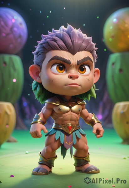 solo,short hair,brown hair,black hair,1boy,navel,brown eyes,jewelry,closed mouth,nipples,standing,full body,purple hair,male focus,thighs,multicolored hair,artist name,chibi,armor,blurry,orange eyes,gradient hair,muscular,blurry background,frown,thick thighs,abs,sandals,thick eyebrows,pectorals,muscular male,shoulder armor,bara,pelvic curtain,clenched hands,large pectorals,sideburns,bracer,loincloth,biceps,green hair,stomach,topless male,mature male,greek clothes