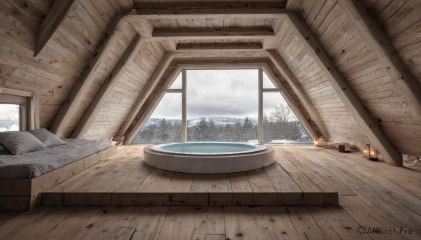 outdoors,sky,day,cloud,indoors,water,tree,pillow,no humans,window,bed,cloudy sky,fire,nature,scenery,couch,snow,wooden floor,mountain,candle,watercraft,architecture,winter,boat,log,fireplace,curtains,lamp,wall,wooden wall