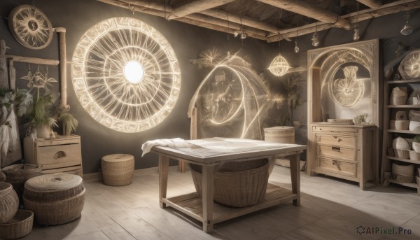 indoors,book,no humans,bed,chair,table,plant,box,scenery,wooden floor,fantasy,door,clock,basket,potted plant,lamp,magic circle,shelf,carpet,drawer,rug,crate,sunlight,bottle,tiles,light,tile floor,statue,jar,light bulb,cabinet