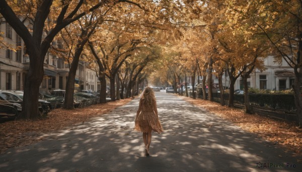 1girl, solo, long hair, brown hair, outdoors, day, tree, leaf, sunlight, ground vehicle, building, scenery, motor vehicle, car, road, autumn leaves, street, autumn, vanishing point