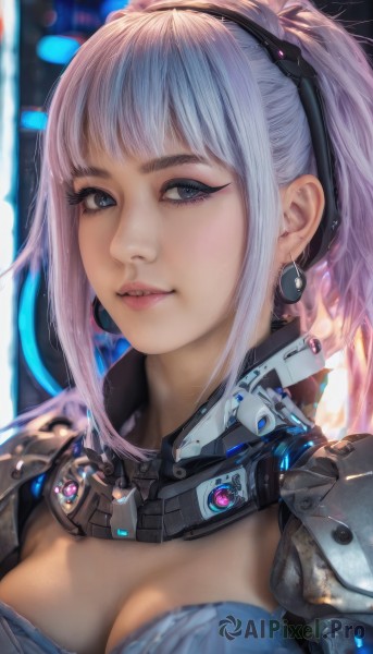 1girl,solo,long hair,breasts,looking at viewer,smile,bangs,blue eyes,cleavage,jewelry,medium breasts,upper body,ponytail,pink hair,white hair,sidelocks,earrings,parted lips,teeth,artist name,armor,blurry,lips,grey eyes,eyelashes,makeup,blurry background,portrait,eyeshadow,science fiction,realistic,nose,purple hair,hairband,signature,depth of field,shoulder armor,close-up,eyeliner,cable,cyborg,mascara,cyberpunk