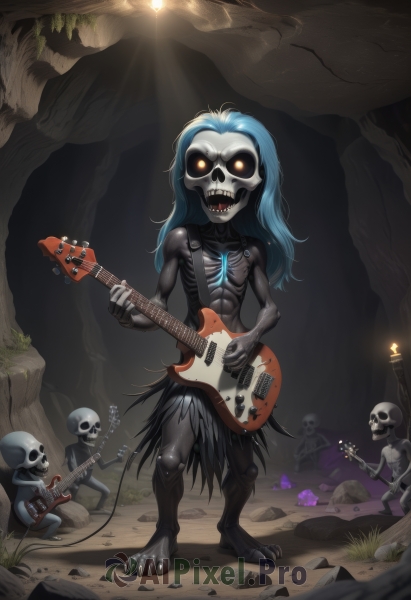 1girl,solo,long hair,looking at viewer,open mouth,holding,blue hair,standing,full body,yellow eyes,flower,teeth,tree,orange eyes,glowing,colored skin,sharp teeth,instrument,glowing eyes,claws,skull,rock,music,guitar,grey skin,playing instrument,holding instrument,ribs,skeleton,electric guitar,bone,signature,fingerless gloves,fangs,grass,light rays,spotlight,cave,plectrum