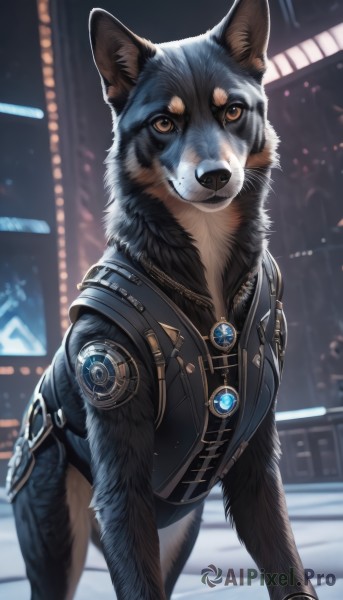 solo,looking at viewer,brown eyes,jewelry,closed mouth,standing,outdoors,artist name,necklace,mole,blurry,vest,no humans,night,blurry background,animal,brooch,gem,mole under mouth,furry,colored sclera,science fiction,dog,animal focus,wolf,signature,realistic