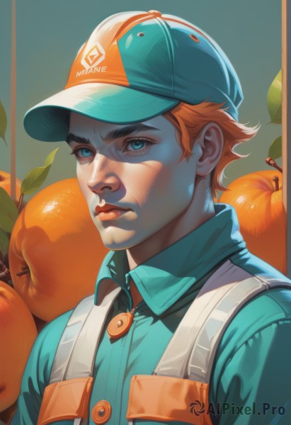 solo,looking at viewer,short hair,blue eyes,shirt,1boy,hat,closed mouth,upper body,male focus,food,collared shirt,artist name,orange hair,vest,lips,buttons,fruit,leaf,thick eyebrows,blue shirt,baseball cap,blue headwear,freckles,realistic,nose,green shirt,orange (fruit),polo shirt,aqua shirt,apple,overalls