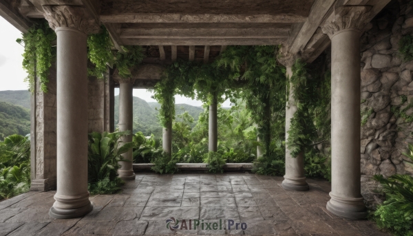 outdoors,sky,day,cloud,tree,dutch angle,no humans,sunlight,grass,plant,nature,scenery,forest,bush,ruins,pillar,arch,moss,column,stone floor,mountain,landscape,overgrown