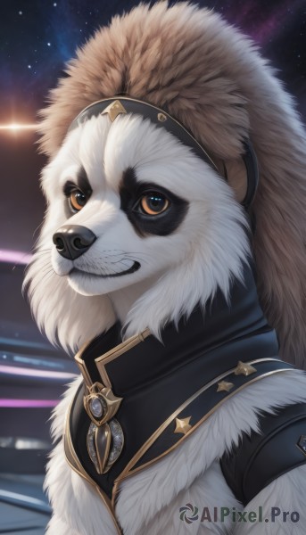 solo,looking at viewer,1boy,brown eyes,jewelry,upper body,male focus,sky,teeth,signature,orange eyes,no humans,night,animal,gem,star (sky),night sky,furry,starry sky,colored sclera,dog,furry male,white fur,animal nose,black fur,fluffy,1girl,hairband,artist name,fur trim,clenched teeth,portrait,space