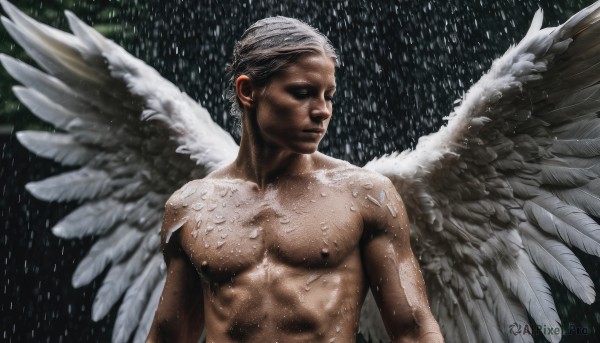 solo,1boy,closed mouth,nipples,closed eyes,upper body,white hair,male focus,nude,wings,wet,muscular,abs,pectorals,muscular male,feathered wings,rain,topless male,angel wings,realistic,white wings,angel,statue,short hair,dark skin,facial hair,dark-skinned male,thick eyebrows,feathers,bara,large pectorals,sideburns,mature male,old,old man