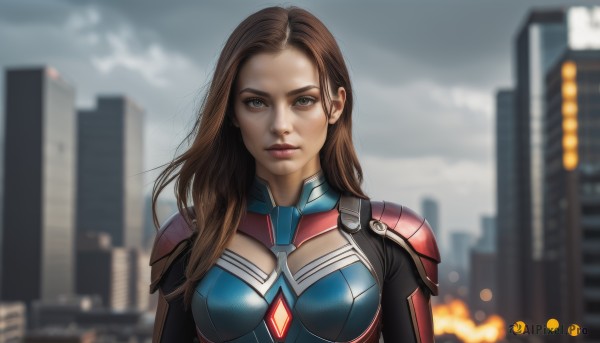 1girl,solo,long hair,breasts,looking at viewer,blue eyes,brown hair,brown eyes,medium breasts,closed mouth,upper body,outdoors,sky,cloud,armor,blurry,lips,bodysuit,depth of field,blurry background,cloudy sky,building,city,realistic,nose,superhero,skyscraper,shoulder armor,cityscape,shoulder pads