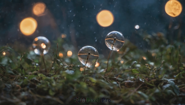 outdoors, sky, blurry, tree, no humans, night, depth of field, leaf, moon, plant, star (sky), nature, night sky, scenery, blurry foreground, water drop, branch