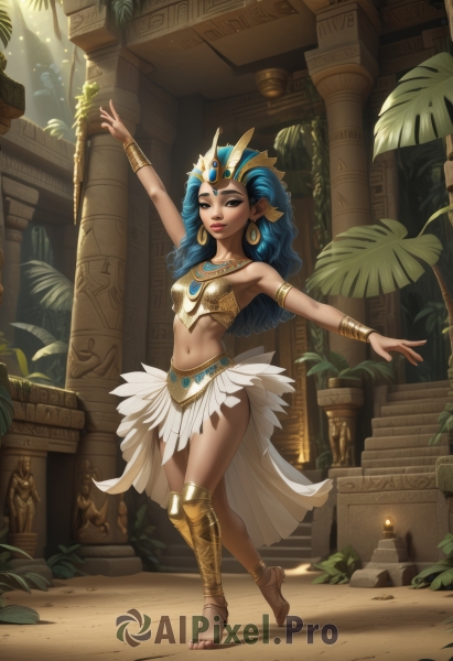 1girl,solo,long hair,breasts,looking at viewer,smile,skirt,navel,bare shoulders,brown eyes,jewelry,medium breasts,blue hair,standing,full body,earrings,small breasts,outdoors,barefoot,pointy ears,midriff,artist name,dark skin,necklace,armor,arm up,bracelet,dark-skinned female,tree,lips,watermark,sandals,sunlight,standing on one leg,white skirt,tiara,feathers,plant,web address,armlet,walking,hoop earrings,stairs,anklet,headdress,bracer,dancing,pillar,statue,column,shin guards,open mouth,blue eyes,black hair,teeth,black eyes,crop top,makeup,leaf,headpiece,barefoot sandals