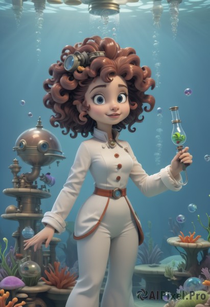 1girl,solo,breasts,looking at viewer,smile,short hair,open mouth,blue eyes,brown hair,long sleeves,standing,small breasts,belt,pants,dark skin,water,dark-skinned female,lips,goggles,fish,bubble,curly hair,underwater,air bubble,test tube,jellyfish,coral,seaweed,blush,holding,parted lips,bodysuit,flask