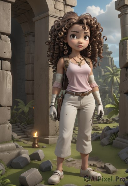 1girl,solo,long hair,breasts,looking at viewer,brown hair,gloves,brown eyes,jewelry,standing,full body,small breasts,outdoors,sky,shoes,day,belt,pants,cloud,white gloves,dark skin,necklace,bag,dark-skinned female,lips,blood,bandages,tank top,curly hair,pouch,rock,bandaged arm,candle,ruins,dirty,very dark skin,bare shoulders,weapon,earrings,artist name,tree,white footwear,backpack,grass,plant