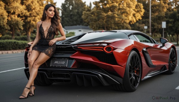 1girl,solo,long hair,breasts,looking at viewer,brown hair,black hair,dress,cleavage,brown eyes,jewelry,medium breasts,sitting,earrings,outdoors,black footwear,blurry,black dress,high heels,tree,lips,legs,blurry background,short dress,sandals,crossed legs,ground vehicle,breasts apart,motor vehicle,realistic,car,road,vehicle focus,plunging neckline,stiletto heels,sports car,on vehicle,bag,looking to the side,makeup,toenails,handbag