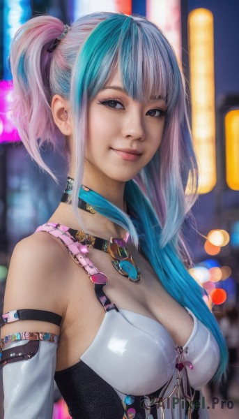 1girl,solo,long hair,breasts,looking at viewer,smile,bangs,gloves,cleavage,bare shoulders,jewelry,medium breasts,closed mouth,blue hair,upper body,ponytail,pink hair,sidelocks,multicolored hair,detached sleeves,choker,elbow gloves,artist name,necklace,blurry,two-tone hair,lips,streaked hair,grey eyes,aqua hair,depth of field,blurry background,piercing,corset,realistic,nose,brown eyes,outdoors,side ponytail,bokeh