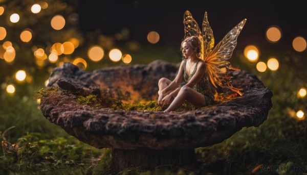 1girl,solo,breasts,short hair,brown hair,dress,cleavage,bare shoulders,medium breasts,sitting,closed eyes,outdoors,wings,barefoot,sleeveless,blurry,tree,lips,bare legs,night,depth of field,blurry background,grass,bug,nature,scenery,minigirl,realistic,fairy wings,fairy,bokeh,butterfly wings,fireflies,black hair,small breasts,shorts,bare arms