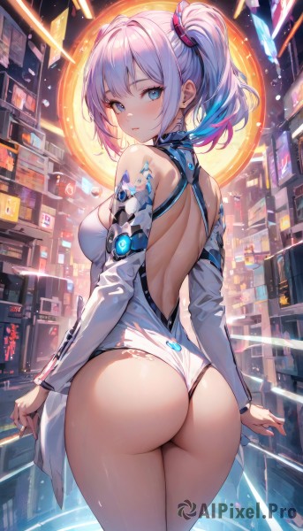 1girl,solo,long hair,breasts,looking at viewer,blush,short hair,bangs,blue eyes,long sleeves,bare shoulders,twintails,medium breasts,blue hair,standing,pink hair,purple hair,ass,sidelocks,thighs,multicolored hair,cowboy shot,parted lips,detached sleeves,looking back,from behind,leotard,streaked hair,back,backless outfit,white leotard,backless leotard,large breasts,hair ornament,closed mouth,earrings,outdoors,side ponytail,two-tone hair,gradient hair,building,legs together