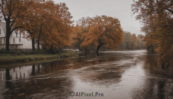 outdoors,sky,day,cloud,water,tree,no humans,cloudy sky,grass,building,nature,scenery,forest,reflection,road,autumn leaves,bridge,river,reflective water,window,house,autumn,lake