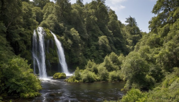 outdoors,sky,day,cloud,water,tree,blue sky,no humans,grass,nature,scenery,forest,rock,river,waterfall,landscape,bush,moss