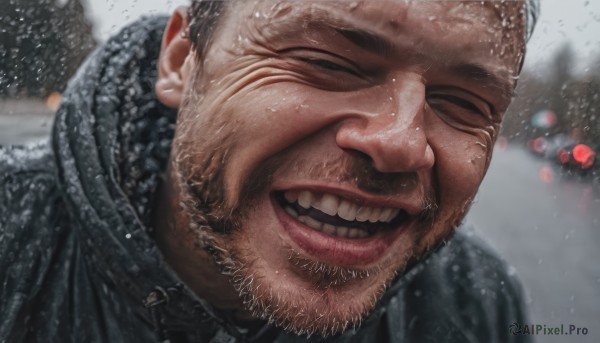 solo,smile,open mouth,1boy,closed eyes,male focus,outdoors,teeth,scarf,blurry,blurry background,facial hair,portrait,facing viewer,beard,snow,close-up,snowing,realistic,bald,short hair,black hair,jacket,stubble,manly