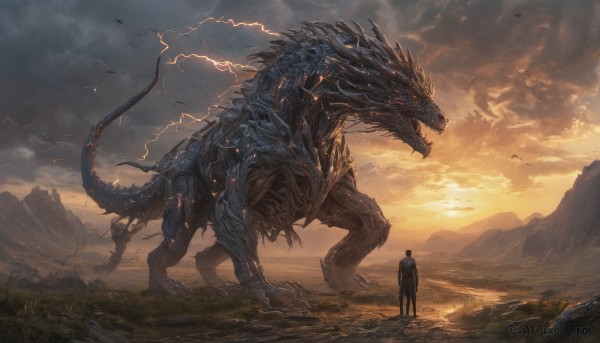 open mouth,black hair,red eyes,1boy,standing,tail,male focus,outdoors,sky,teeth,cloud,glowing,bird,animal,cloudy sky,grass,sharp teeth,scenery,claws,science fiction,monster,mountain,fantasy,dragon,size difference,electricity,giant,lightning,kaijuu,glowing eyes,spikes,sunset